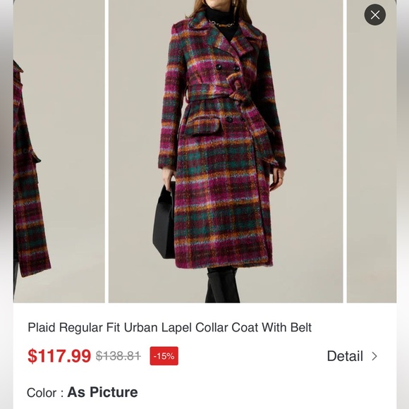 Plaid Regular Fit Urban Lapel Collar Coat With Belt - Picture 6 of 8